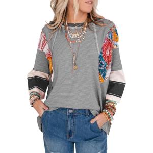 imageEVALESS 34 Length Sleeve Womens Tops Trendy 2025 Spring Summer Crew Neck Oversized Striped Patchwork Shirts BlouseBlack