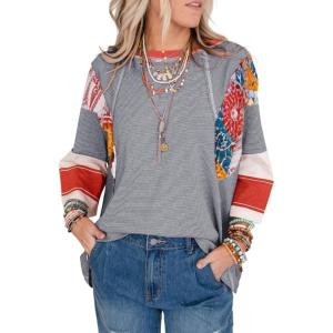 imageEVALESS 34 Length Sleeve Womens Tops Trendy 2025 Spring Summer Crew Neck Oversized Striped Patchwork Shirts BlouseBlack Stripe