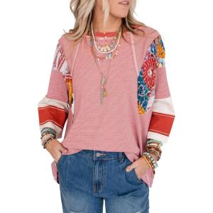 imageEVALESS 34 Length Sleeve Womens Tops Trendy 2025 Spring Summer Crew Neck Oversized Striped Patchwork Shirts BlouseFiery Red