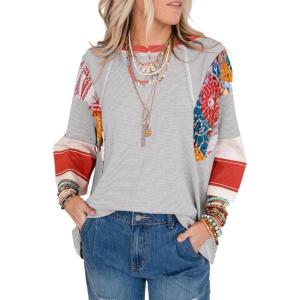 imageEVALESS 34 Length Sleeve Womens Tops Trendy 2025 Spring Summer Crew Neck Oversized Striped Patchwork Shirts BlouseGray Stripe