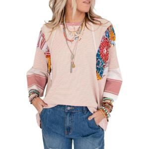 imageEVALESS 34 Length Sleeve Womens Tops Trendy 2025 Spring Summer Crew Neck Oversized Striped Patchwork Shirts BlousePink