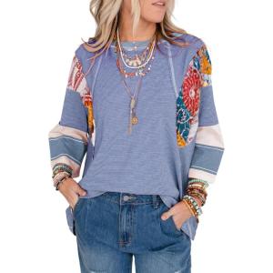imageEVALESS 34 Length Sleeve Womens Tops Trendy 2025 Spring Summer Crew Neck Oversized Striped Patchwork Shirts BlouseSky Blue
