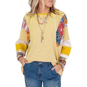imageEVALESS 34 Length Sleeve Womens Tops Trendy 2025 Spring Summer Crew Neck Oversized Striped Patchwork Shirts BlouseYellow