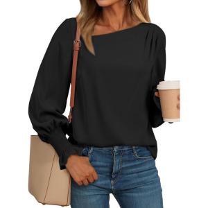 imageEVALESS Blouses for Women Dressy Casual Pleated Long Sleeve Tops Asymmetrical V Neck Business Work ShirtsBlack