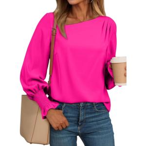 imageEVALESS Blouses for Women Dressy Casual Pleated Long Sleeve Tops Asymmetrical V Neck Business Work ShirtsBright Pink