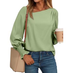 imageEVALESS Blouses for Women Dressy Casual Pleated Long Sleeve Tops Asymmetrical V Neck Business Work ShirtsGrass Green