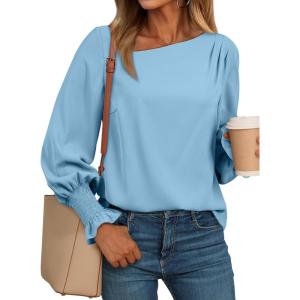 imageEVALESS Blouses for Women Dressy Casual Pleated Long Sleeve Tops Asymmetrical V Neck Business Work ShirtsMyosotis