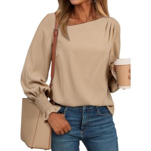 imageEVALESS Blouses for Women Dressy Casual Pleated Long Sleeve Tops Asymmetrical V Neck Business Work ShirtsParchment