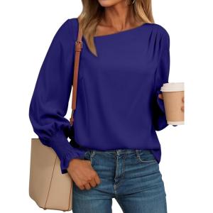 imageEVALESS Blouses for Women Dressy Casual Pleated Long Sleeve Tops Asymmetrical V Neck Business Work ShirtsSail Blue