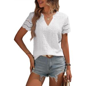 imageEVALESS Summer Tops for Women 2025 Short Sleeve V Neck Dressy Boho Lace Blouses Shirts1 White