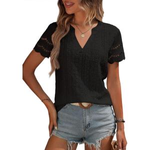 imageEVALESS Summer Tops for Women 2025 Short Sleeve V Neck Dressy Boho Lace Blouses ShirtsBlack