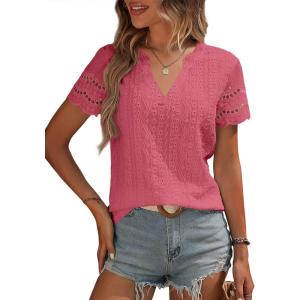 imageEVALESS Summer Tops for Women 2025 Short Sleeve V Neck Dressy Boho Lace Blouses ShirtsHot Pink