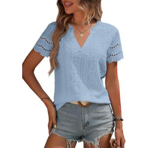 imageEVALESS Summer Tops for Women 2025 Short Sleeve V Neck Dressy Boho Lace Blouses ShirtsLight Blue