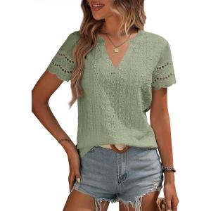 imageEVALESS Summer Tops for Women 2025 Short Sleeve V Neck Dressy Boho Lace Blouses ShirtsLight Green