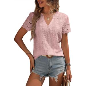 imageEVALESS Summer Tops for Women 2025 Short Sleeve V Neck Dressy Boho Lace Blouses ShirtsLight Pink