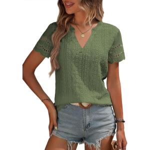 imageEVALESS Summer Tops for Women 2025 Short Sleeve V Neck Dressy Boho Lace Blouses ShirtsOlive Green