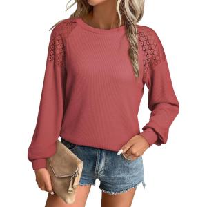imageEVALESS Womens Long Sleeve Tops Dressy Casual Crewneck Waffle Lace Patchwork Knit T Shirts Trendy Loose BlousesB Rose Pink
