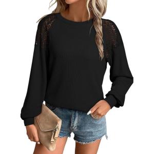 imageEVALESS Womens Long Sleeve Tops Dressy Casual Crewneck Waffle Lace Patchwork Knit T Shirts Trendy Loose BlousesBlack
