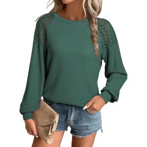 imageEVALESS Womens Long Sleeve Tops Dressy Casual Crewneck Waffle Lace Patchwork Knit T Shirts Trendy Loose BlousesBlackish Green