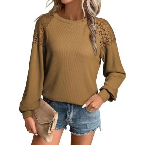 imageEVALESS Womens Long Sleeve Tops Dressy Casual Crewneck Waffle Lace Patchwork Knit T Shirts Trendy Loose BlousesD Chestnut