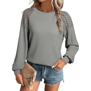 imageEVALESS Womens Long Sleeve Tops Dressy Casual Crewneck Waffle Lace Patchwork Knit T Shirts Trendy Loose BlousesD Grey