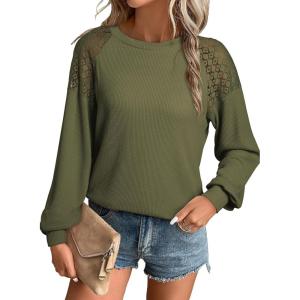 imageEVALESS Womens Long Sleeve Tops Dressy Casual Crewneck Waffle Lace Patchwork Knit T Shirts Trendy Loose BlousesD Jungle Green