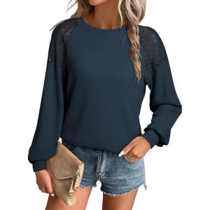 imageEVALESS Womens Long Sleeve Tops Dressy Casual Crewneck Waffle Lace Patchwork Knit T Shirts Trendy Loose BlousesD Real Teal