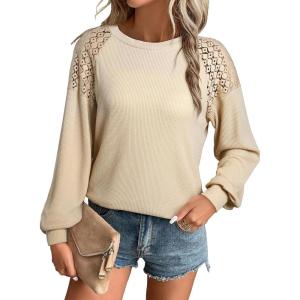 imageEVALESS Womens Long Sleeve Tops Dressy Casual Crewneck Waffle Lace Patchwork Knit T Shirts Trendy Loose BlousesF Beige