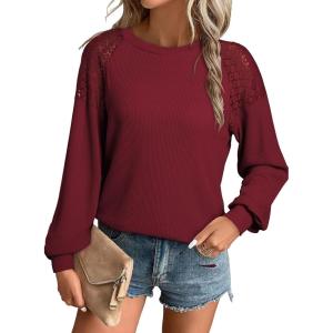 imageEVALESS Womens Long Sleeve Tops Dressy Casual Crewneck Waffle Lace Patchwork Knit T Shirts Trendy Loose BlousesF Burgundy