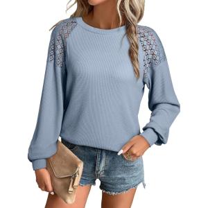 imageEVALESS Womens Long Sleeve Tops Dressy Casual Crewneck Waffle Lace Patchwork Knit T Shirts Trendy Loose BlousesLight Blue