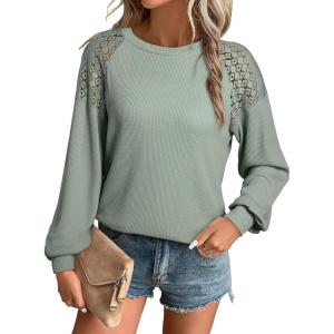 imageEVALESS Womens Long Sleeve Tops Dressy Casual Crewneck Waffle Lace Patchwork Knit T Shirts Trendy Loose BlousesSmoke Green