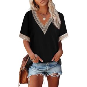 imageEVALESS Womens Short Sleeve Sexy Summer Tops Lace Trim V Neck Blouses for Women Fashion Tops Dressy Casual Shirts2b Black