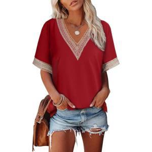 imageEVALESS Womens Short Sleeve Sexy Summer Tops Lace Trim V Neck Blouses for Women Fashion Tops Dressy Casual Shirts3b Red