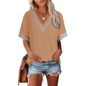 imageEVALESS Womens Short Sleeve Sexy Summer Tops Lace Trim V Neck Blouses for Women Fashion Tops Dressy Casual ShirtsB Apricot
