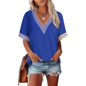 imageEVALESS Womens Short Sleeve Sexy Summer Tops Lace Trim V Neck Blouses for Women Fashion Tops Dressy Casual ShirtsB Blue