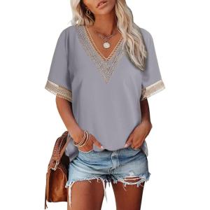 imageEVALESS Womens Short Sleeve Sexy Summer Tops Lace Trim V Neck Blouses for Women Fashion Tops Dressy Casual ShirtsB Gray