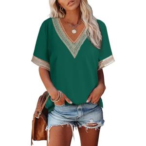 imageEVALESS Womens Short Sleeve Sexy Summer Tops Lace Trim V Neck Blouses for Women Fashion Tops Dressy Casual ShirtsB Green