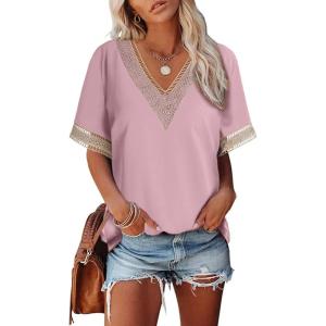 imageEVALESS Womens Short Sleeve Sexy Summer Tops Lace Trim V Neck Blouses for Women Fashion Tops Dressy Casual ShirtsB Pink
