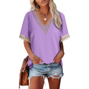 imageEVALESS Womens Short Sleeve Sexy Summer Tops Lace Trim V Neck Blouses for Women Fashion Tops Dressy Casual ShirtsB Purple