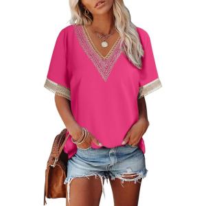 imageEVALESS Womens Short Sleeve Sexy Summer Tops Lace Trim V Neck Blouses for Women Fashion Tops Dressy Casual ShirtsB Rose