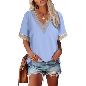 imageEVALESS Womens Short Sleeve Sexy Summer Tops Lace Trim V Neck Blouses for Women Fashion Tops Dressy Casual ShirtsB Sky Blue