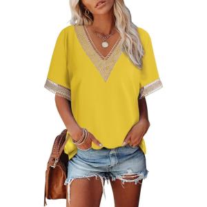 imageEVALESS Womens Short Sleeve Sexy Summer Tops Lace Trim V Neck Blouses for Women Fashion Tops Dressy Casual ShirtsB Yellow