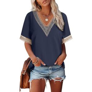 imageEVALESS Womens Short Sleeve Sexy Summer Tops Lace Trim V Neck Blouses for Women Fashion Tops Dressy Casual ShirtsB1 Blue