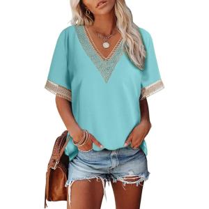 imageEVALESS Womens Short Sleeve Sexy Summer Tops Lace Trim V Neck Blouses for Women Fashion Tops Dressy Casual ShirtsB1 Green
