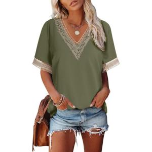 imageEVALESS Womens Short Sleeve Sexy Summer Tops Lace Trim V Neck Blouses for Women Fashion Tops Dressy Casual ShirtsB2 Green
