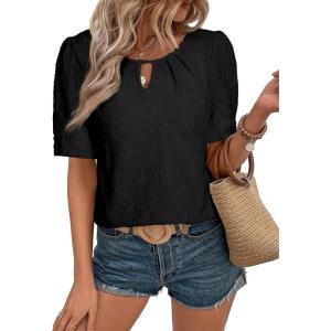 imageEVALESS Womens Tops Dressy Casual Cute Hollow Embroidered Blouses Short Sleeve Shirts Summer Outfits Trendy 2025Black
