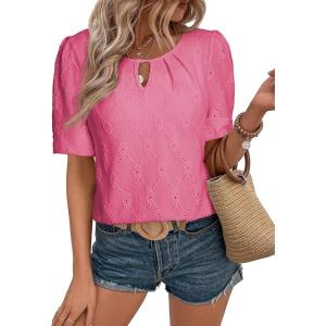 imageEVALESS Womens Tops Dressy Casual Cute Hollow Embroidered Blouses Short Sleeve Shirts Summer Outfits Trendy 2025Bright Pink