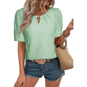 imageEVALESS Womens Tops Dressy Casual Cute Hollow Embroidered Blouses Short Sleeve Shirts Summer Outfits Trendy 2025Celadon Green