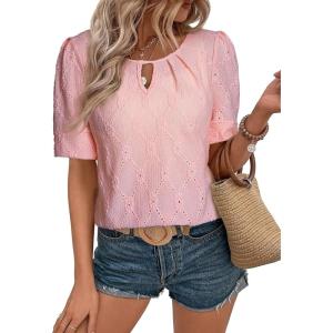 imageEVALESS Womens Tops Dressy Casual Cute Hollow Embroidered Blouses Short Sleeve Shirts Summer Outfits Trendy 2025Light Pink