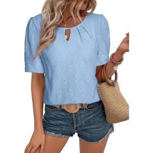 imageEVALESS Womens Tops Dressy Casual Cute Hollow Embroidered Blouses Short Sleeve Shirts Summer Outfits Trendy 2025Sky Blue